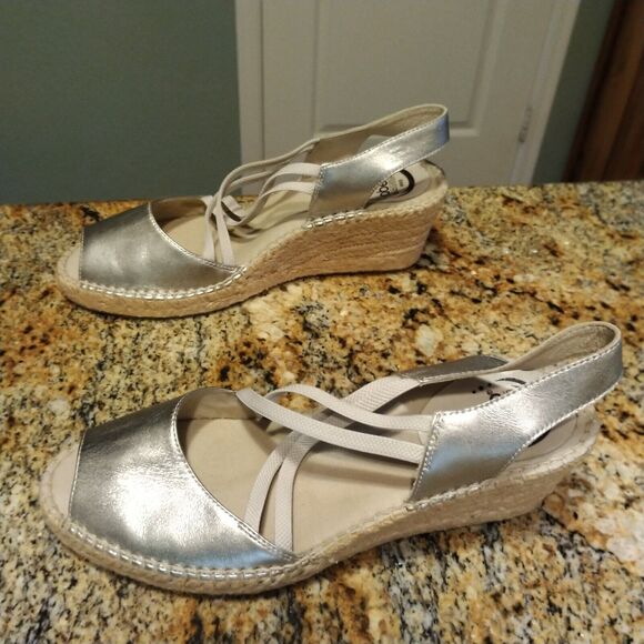 Abeo Sandals Womens 8 Narrow Espadrille Silver Leather Peep Toe Slingback Wedge - Picture 4 of 13